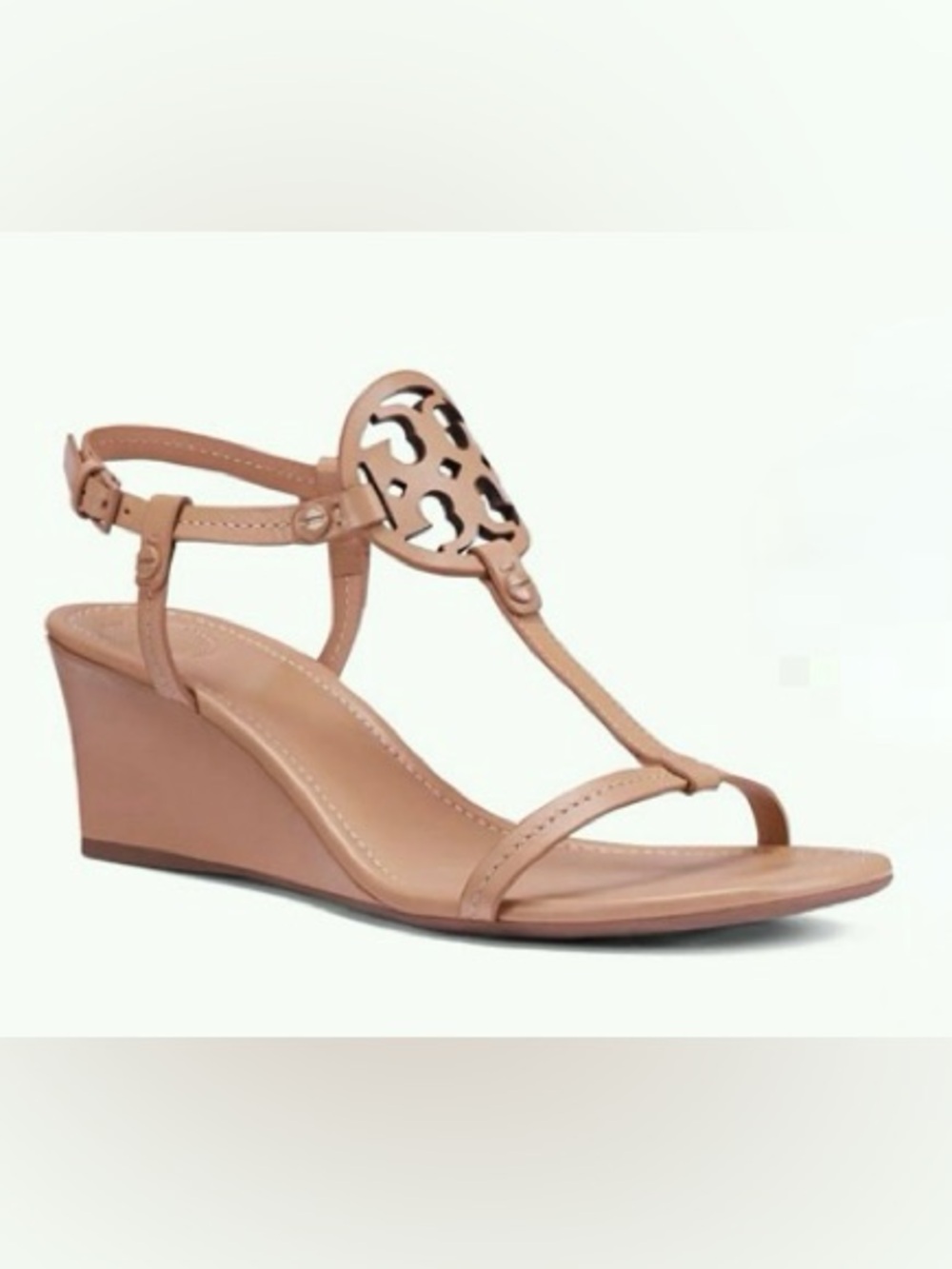 TORY BURCH Miller T-Strap 60mm Wedge Sandals Size 7 in Dusty Cypress (Tan)